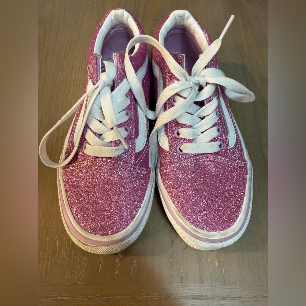 RARE Vans Off The Wall Old Skool lil Girls Pink Glitter Sneakers 1.5 Pink/white